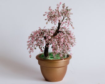 Perlen Kirschblüten Bonsai Baum, Draht Skulptur, Büro Dekor