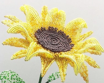 Large French Beaded Sunflower, Czech Bead Flower Gift