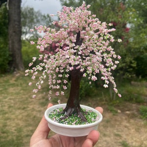 Handmade wire bonsai tree Cherry blossom bonsai tree live Sakura beaded tree Pink wire tree of life sculpture image 2