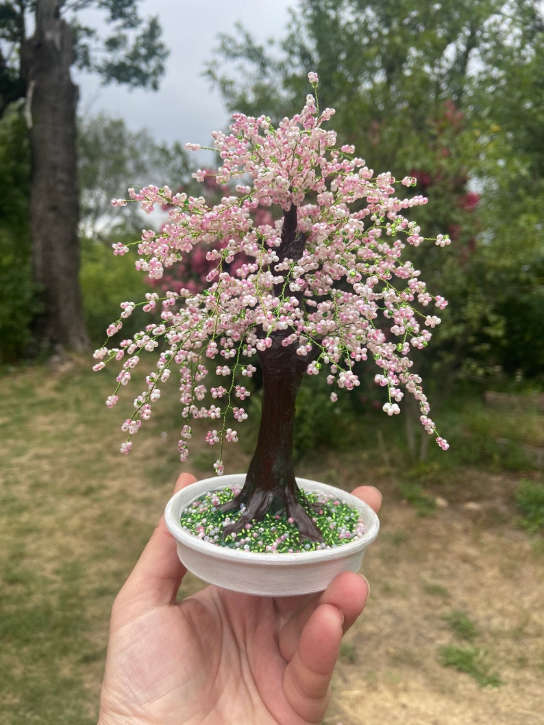 Handmade wire bonsai tree Cherry blossom bonsai tree live Sakura beaded tree Pink wire tree of life sculpture image 2