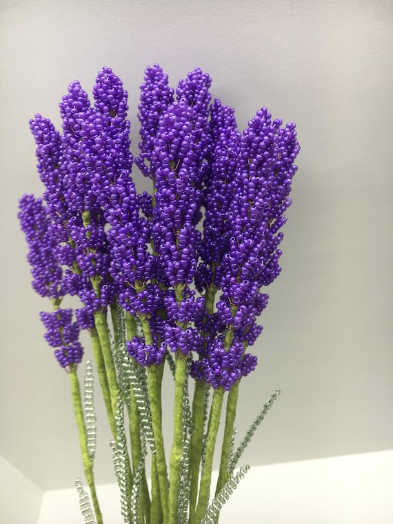 ✽Handmade✽Beads Flower✽LavenderのブーケA✽5本✽ Beaded Lavender Bouquet, Czech Beads, Wire Sculpture, Home Decor