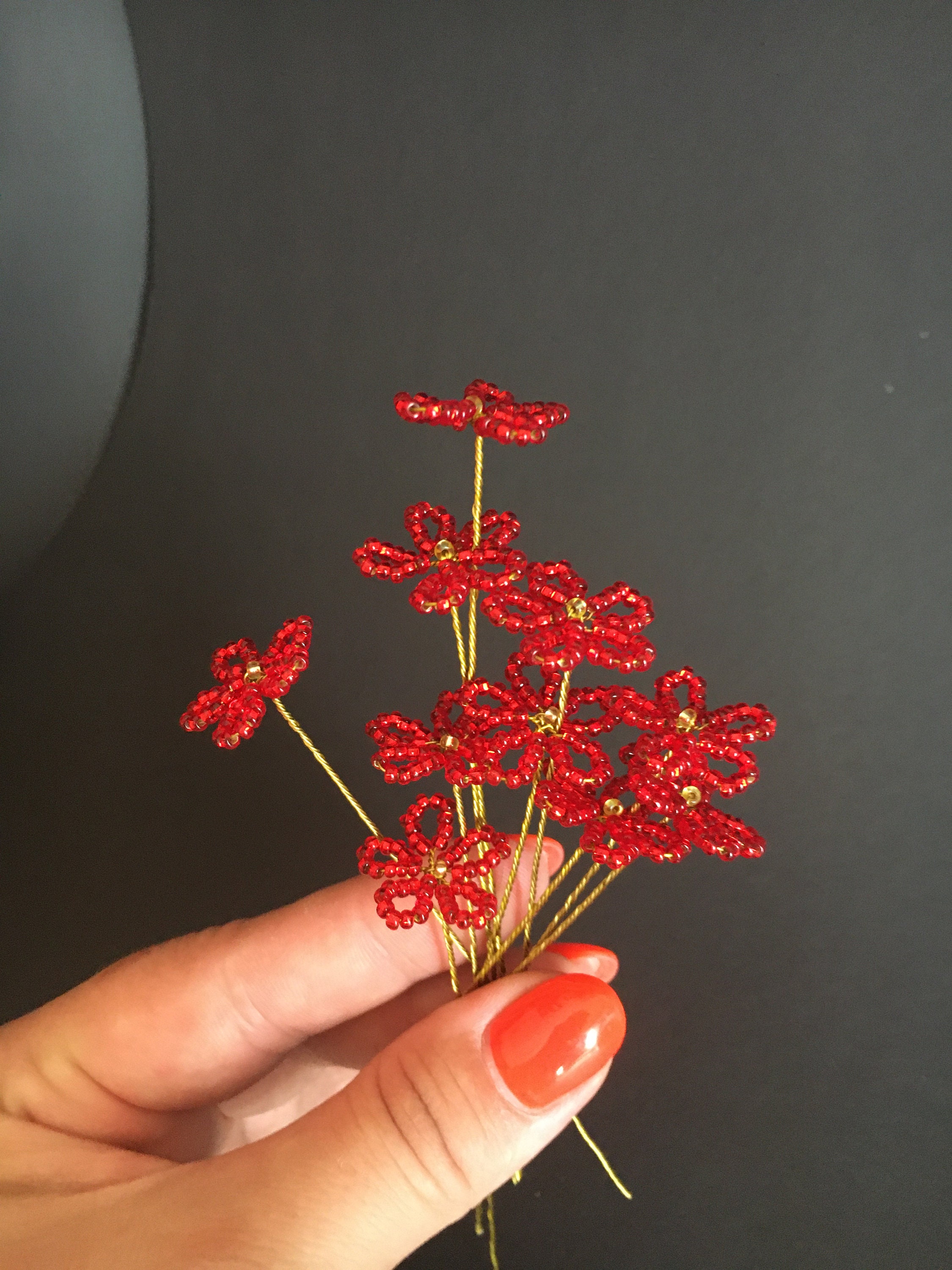 Red beaded flowers with stems Florist supplies Etsy