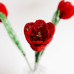 Red tulip beaded flower Bouquet Tulips blossom Beads flowers arrangement Floral decor Best gift ideas Wire bead sculpture