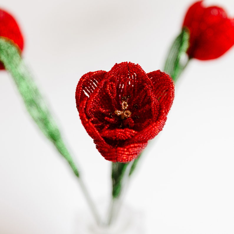 Red tulip beaded flower Bouquet Tulips blossom Beads flowers arrangement Floral decor Best gift ideas Wire bead sculpture