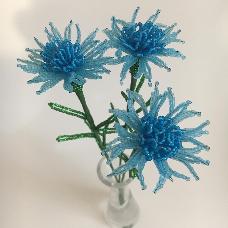 Cornflower blue French beaded flower Bouquet Set of 3