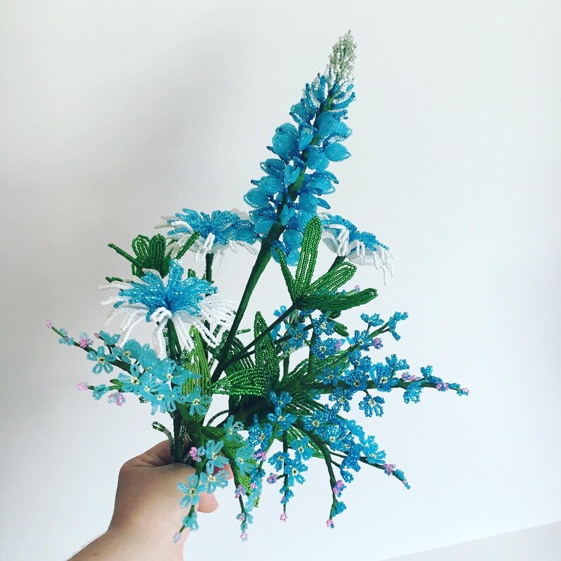 Texas wildflower decor beaded bouquet Blue french beaded flowers Bouquet arrangement French glass beaded flowers Bunch of beaded flowers