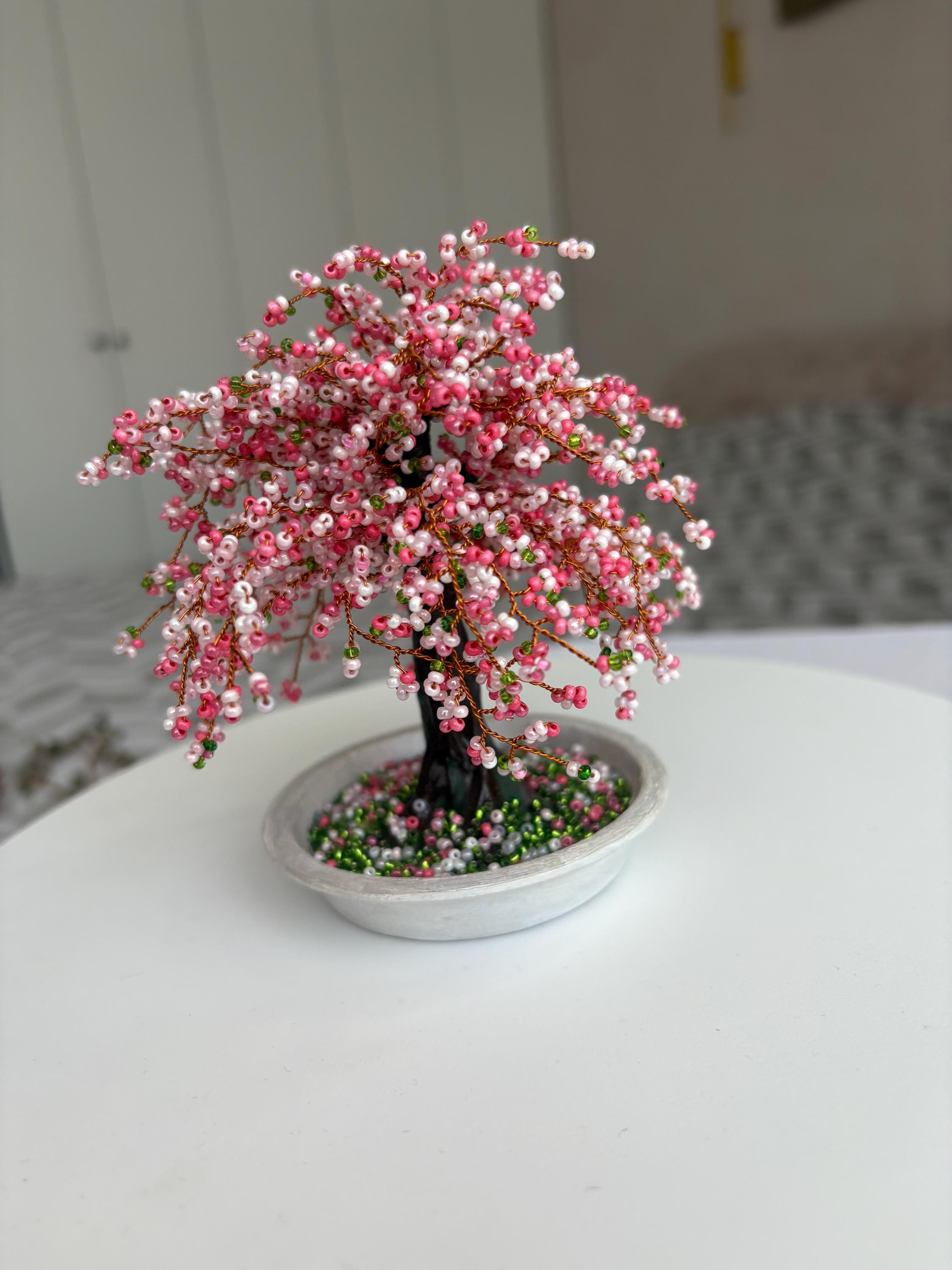 桜　ガラス細工　盆栽　造花　アートフラワー　ガラス花 ビーズ細工の桜の盆栽 – プレシオサ・チェコガラスビーズ使用 – 手作り
