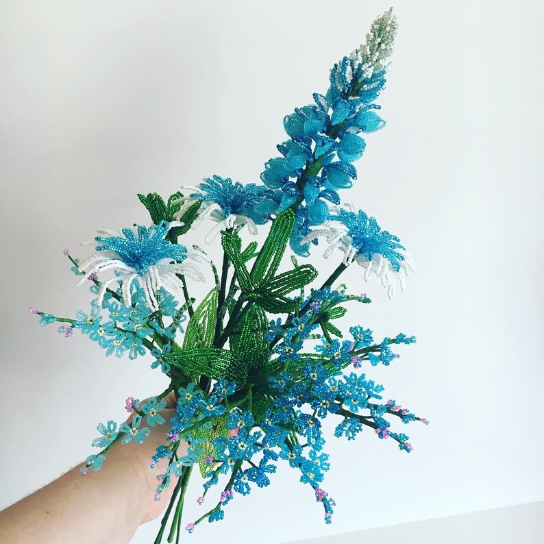 Texas wildflower decor beaded bouquet Blue french beaded flowers Bouquet arrangement French glass beaded flowers Bunch of beaded flowers