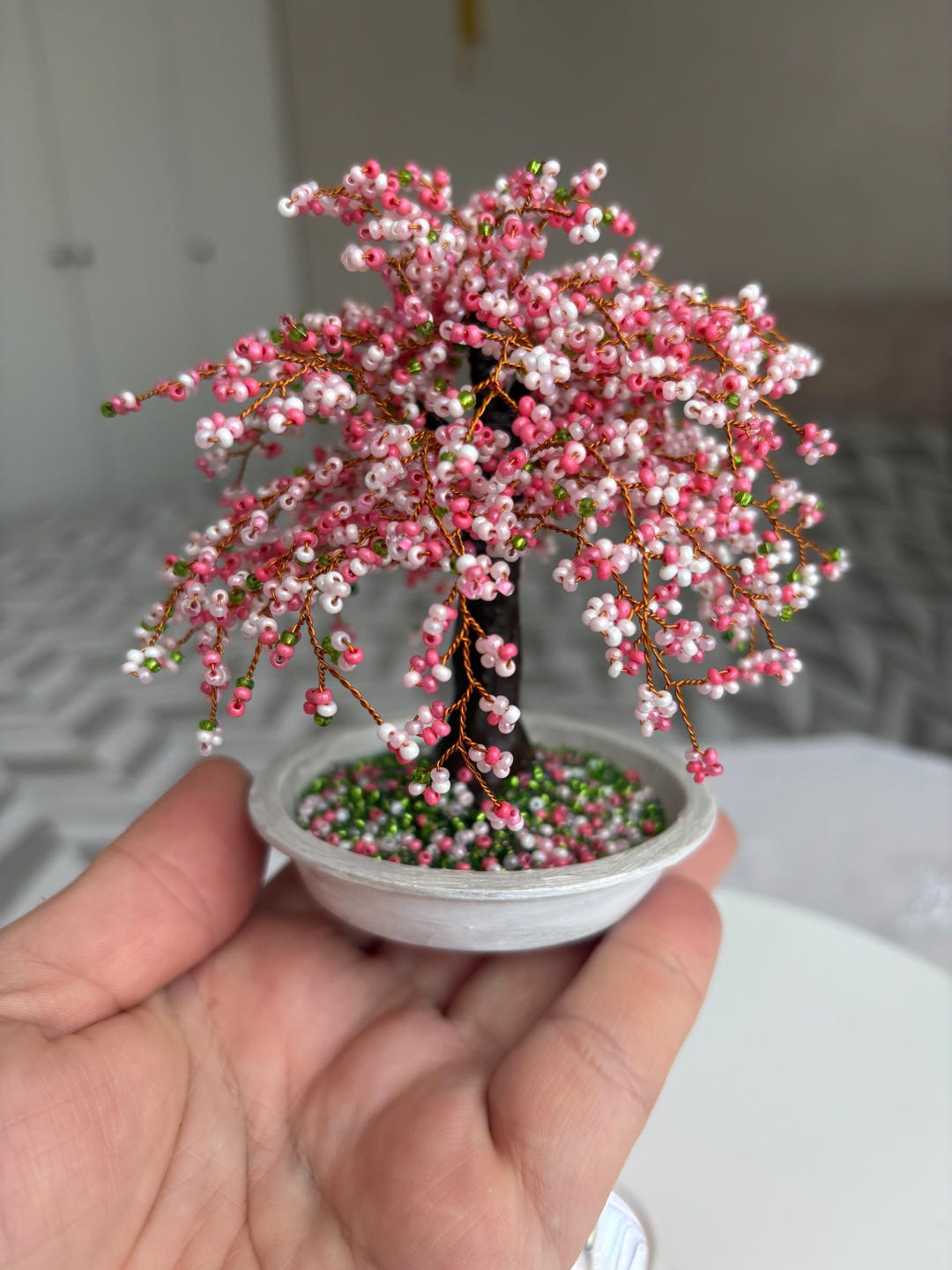 手作りの桜の盆栽 – プレシオサ社製チェコガラスビーズと銅線彫刻