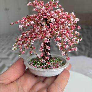 Op de afbeelding: Een miniatuur bonsai-boom van kralen, met een donkere stam en delicate takken versierd met roze en witte kralenbloesems. De boom staat in een kleine, witte keramische pot gevuld met groene en roze kralen.