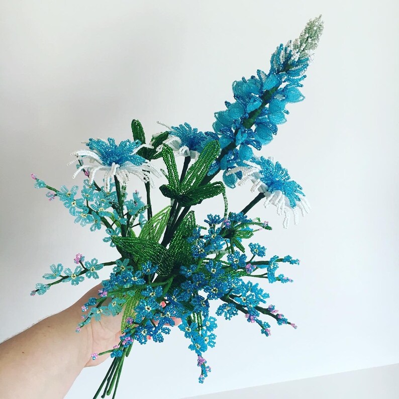 Texas wildflower decor beaded bouquet Blue french beaded flowers Bouquet arrangement French glass beaded flowers Bunch of beaded flowers
