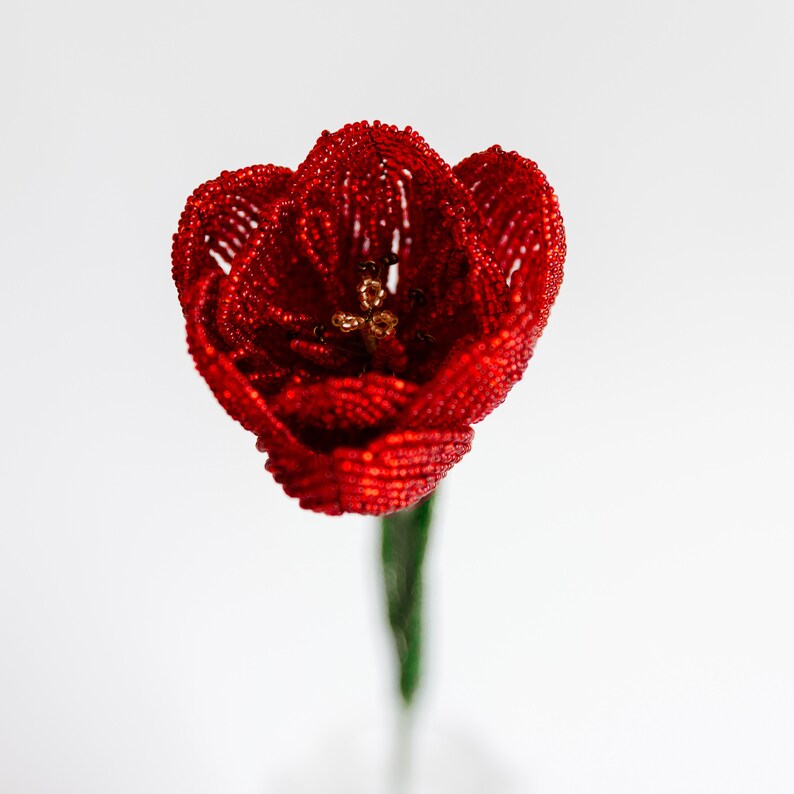 Red tulip beaded flower Bouquet Tulips blossom Beads flowers arrangement Floral decor Best gift ideas Wire bead sculpture
