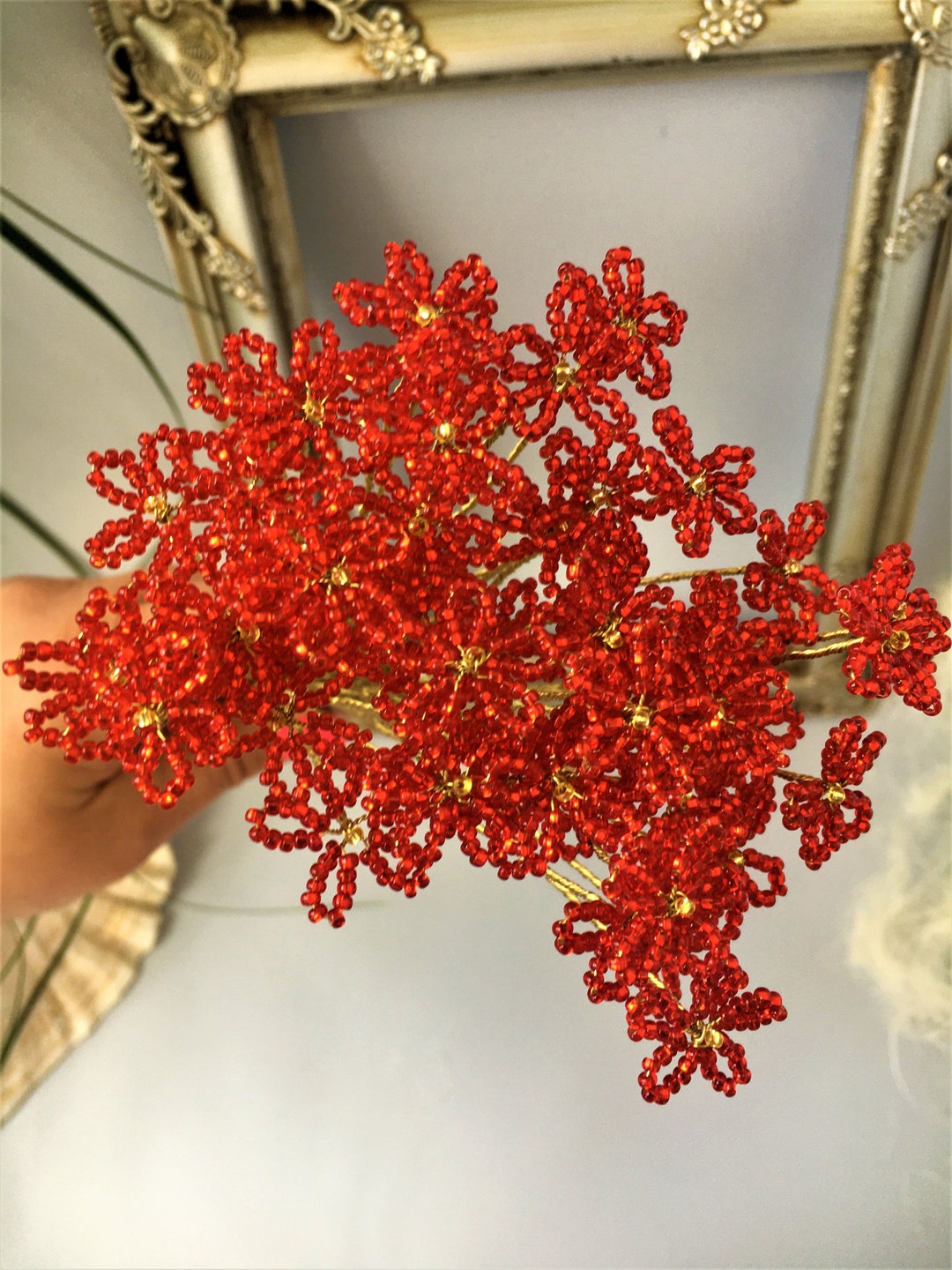 Red French Beaded Flower Red Fake Flowers Minature Wire Flower Stems Etsy