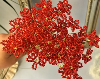 Red French Beaded Flower Stem, Miniature Wire Sculpture