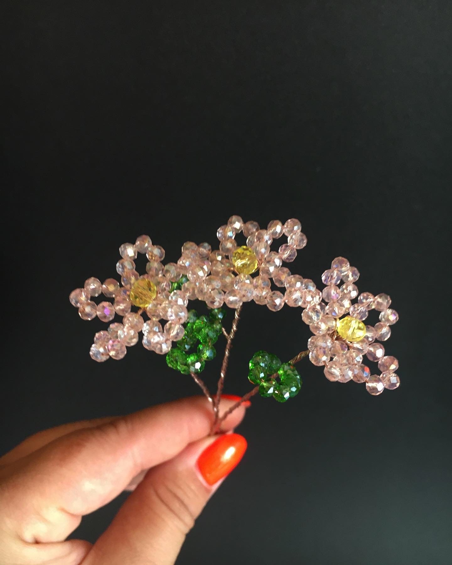 Pink Glass Flowers With Stems, Crystal Flower Bead 