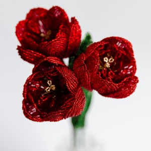 Red tulip beaded flower Bouquet Tulips blossom Beads flowers arrangement Floral decor Best gift ideas Wire bead sculpture