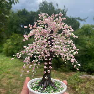 Handmade wire bonsai tree Cherry blossom bonsai tree live Sakura beaded tree Pink wire tree of life sculpture image 4