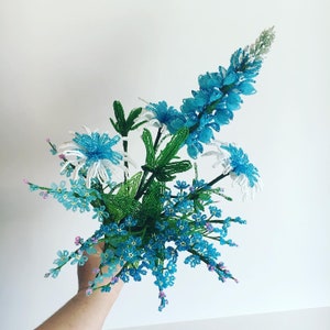 Texas wildflower decor beaded bouquet Blue french beaded flowers Bouquet arrangement French glass beaded flowers Bunch of beaded flowers