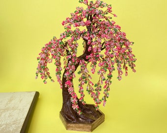 Árbol de bonsái de flor de cerezo Árbol de flor de manzana Árbol de bonsái con cuentas Árbol de primavera Bonsái de fruta Regalo para el maestro