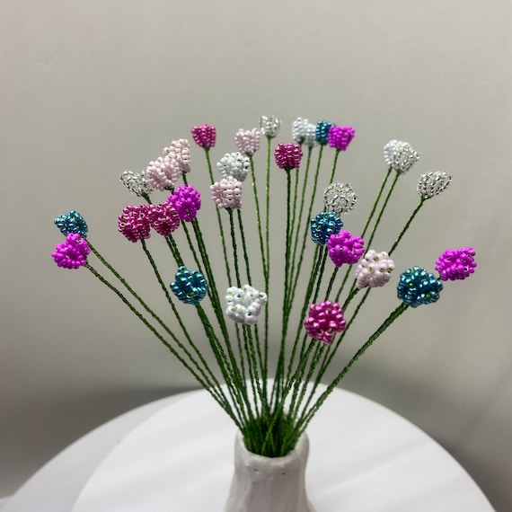 Pink Glass Flowers With Stems Wire Flower Decoration Beaded