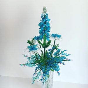 Texas wildflower decor beaded bouquet Blue french beaded flowers Bouquet arrangement French glass beaded flowers Bunch of beaded flowers