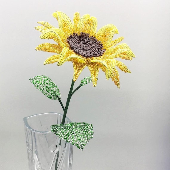 Large French Beaded Sunflower, Czech Bead Flower Gift
