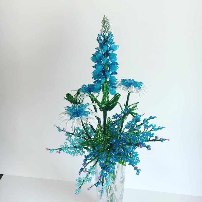 Texas wildflower decor beaded bouquet Blue french beaded flowers Bouquet arrangement French glass beaded flowers Bunch of beaded flowers