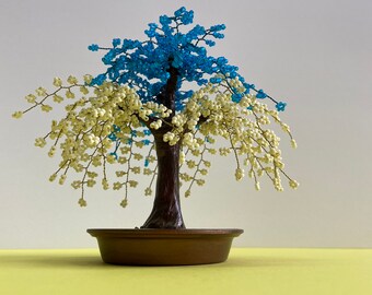 Cherry blossom wire sculpture Handmade wire bonsai tree gift idea home decor Blue and yellow indie room decor