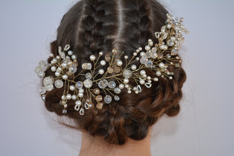 Wedding Hair Vine Gold Bridal Head Piece Bohemian Bridal Hair Accessory Crystal Hair Vine Pearl Vine White Headpiece Hair Piece Pearl