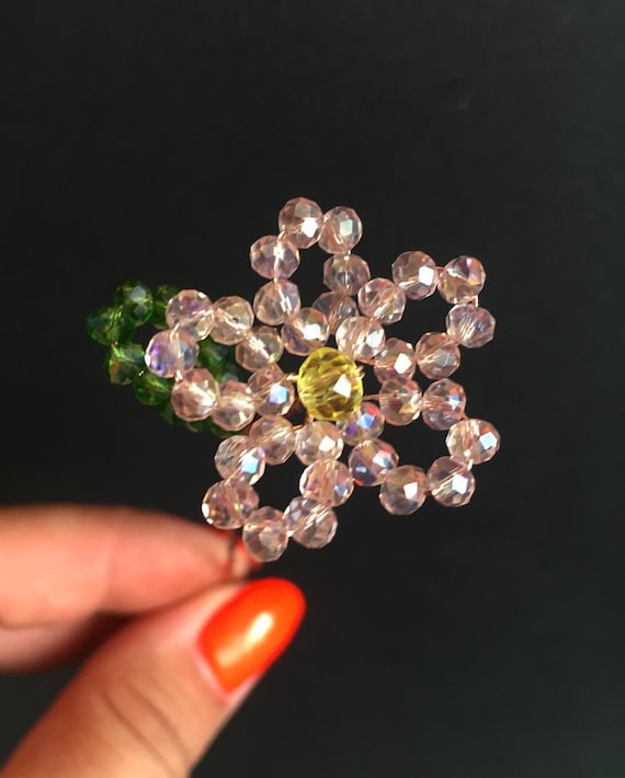 Pink Glass Flowers With Stems, Crystal Flower Bead 