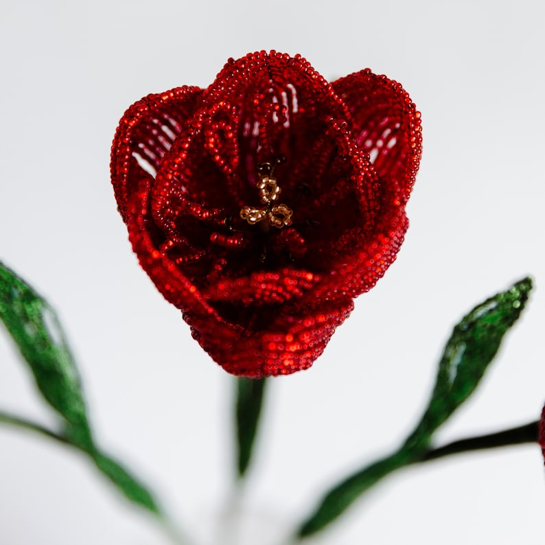 Red tulip beaded flower Bouquet Tulips blossom Beads flowers arrangement Floral decor Best gift ideas Wire bead sculpture