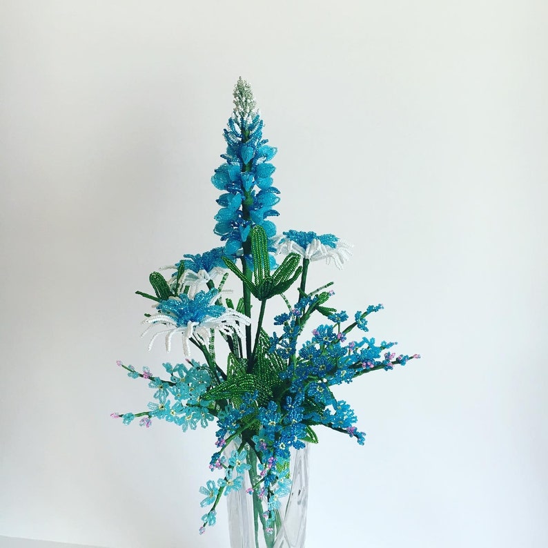Texas wildflower decor beaded bouquet Blue french beaded flowers Bouquet arrangement French glass beaded flowers Bunch of beaded flowers