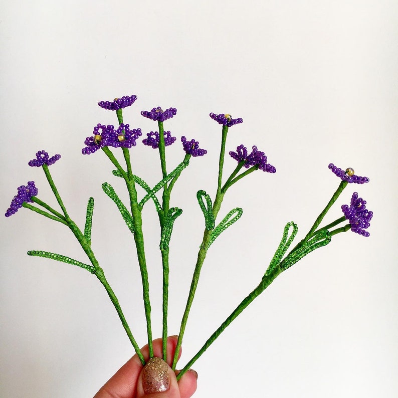 Beaded Wildflower Bouquet 5 Purple Flower Stems French Beaded Etsy