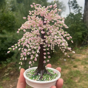 Handmade wire bonsai tree Cherry blossom bonsai tree live Sakura beaded tree Pink wire tree of life sculpture image 8