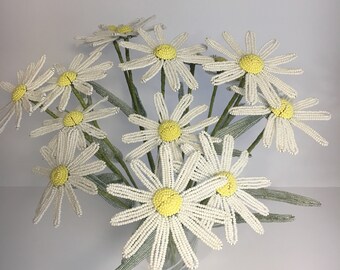 White daisy decor Chamomile french beaded flower White daisy flower Table centerpiece Floral decor