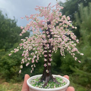 Handmade wire bonsai tree Cherry blossom bonsai tree live Sakura beaded tree Pink wire tree of life sculpture image 3