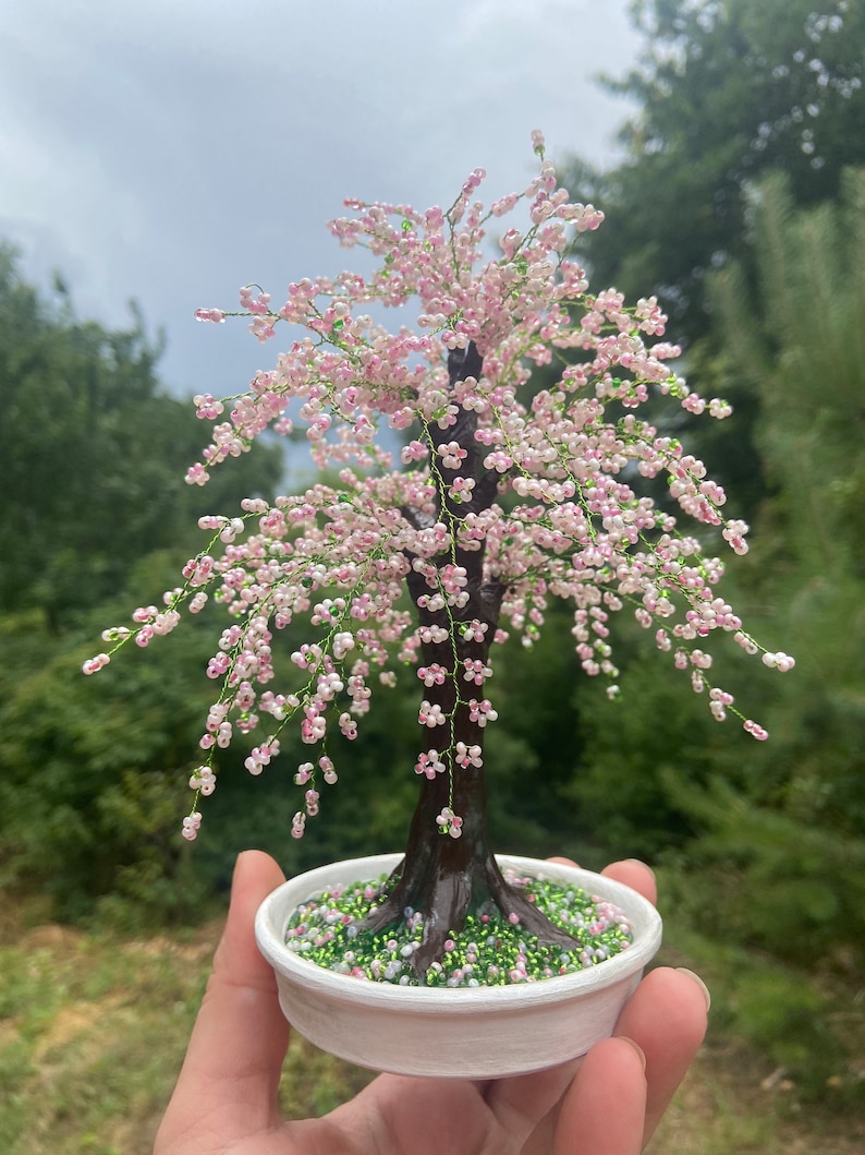 Handmade wire bonsai tree Cherry blossom bonsai tree live Sakura beaded tree Pink wire tree of life sculpture image 3