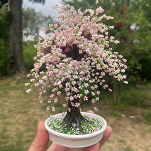 Cherry blossom bonsai tree live. Sakura beaded bonsai tree live in pot. Handmade wire bonsai tree of life. Glass bonsai tree	office decor. Pink wire tree sculpture.