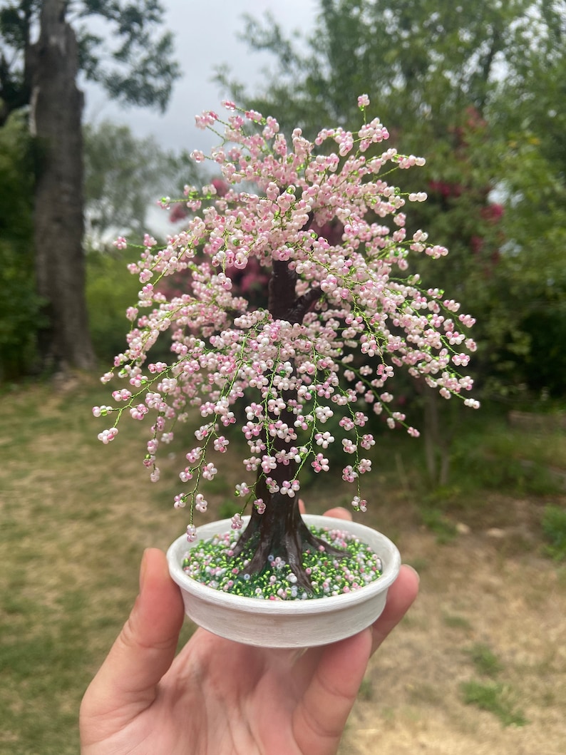 Cherry blossom bonsai tree live. Sakura beaded bonsai tree live in pot. Handmade wire bonsai tree of life. Glass bonsai tree	office decor. Pink wire tree sculpture.