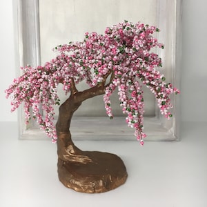 Árvore bonsai com contas rosa de flor de cerejeira, presente de jardinagem, escultura de árvore Sakura, árvore embrulhada em arame, presentes artesanais, decoração de escritório, sakura japonesa