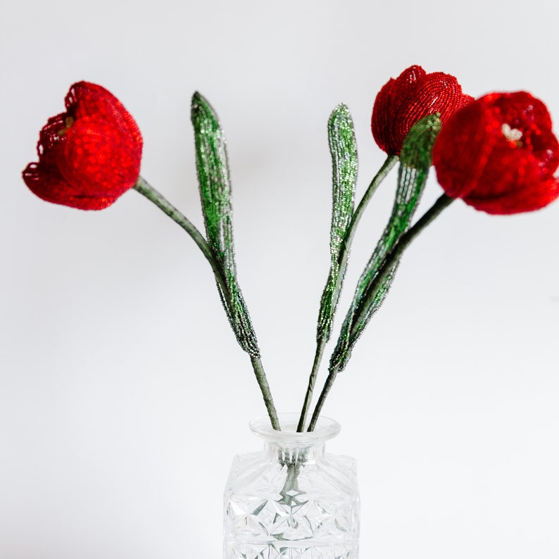 Red tulip beaded flower Bouquet Tulips blossom Beads flowers arrangement Floral decor Best gift ideas Wire bead sculpture