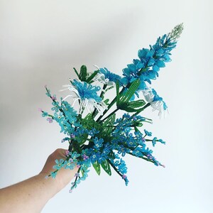 Texas wildflower decor beaded bouquet Blue french beaded flowers Bouquet arrangement French glass beaded flowers Bunch of beaded flowers