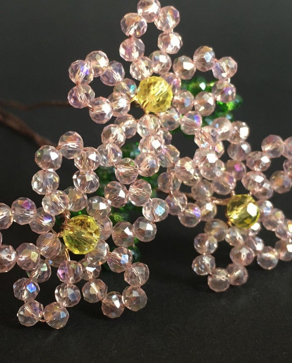 Pink Glass Flowers With Stems, Crystal Flower Bead 