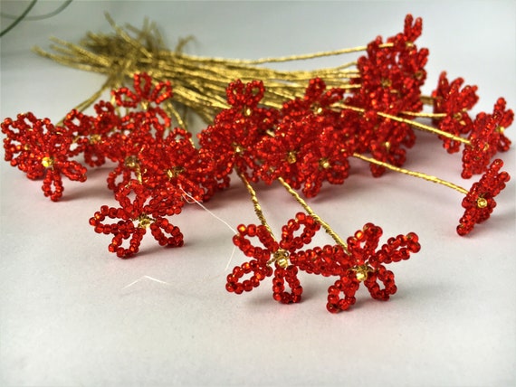 Red Glass Flowers With Stems Wire Flower Decoration 