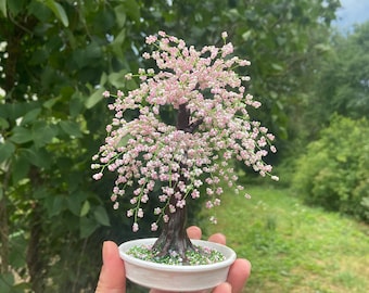 手作りワイヤー盆栽、桜盆栽、生きた桜ビーズの木、ピンクのワイヤー
