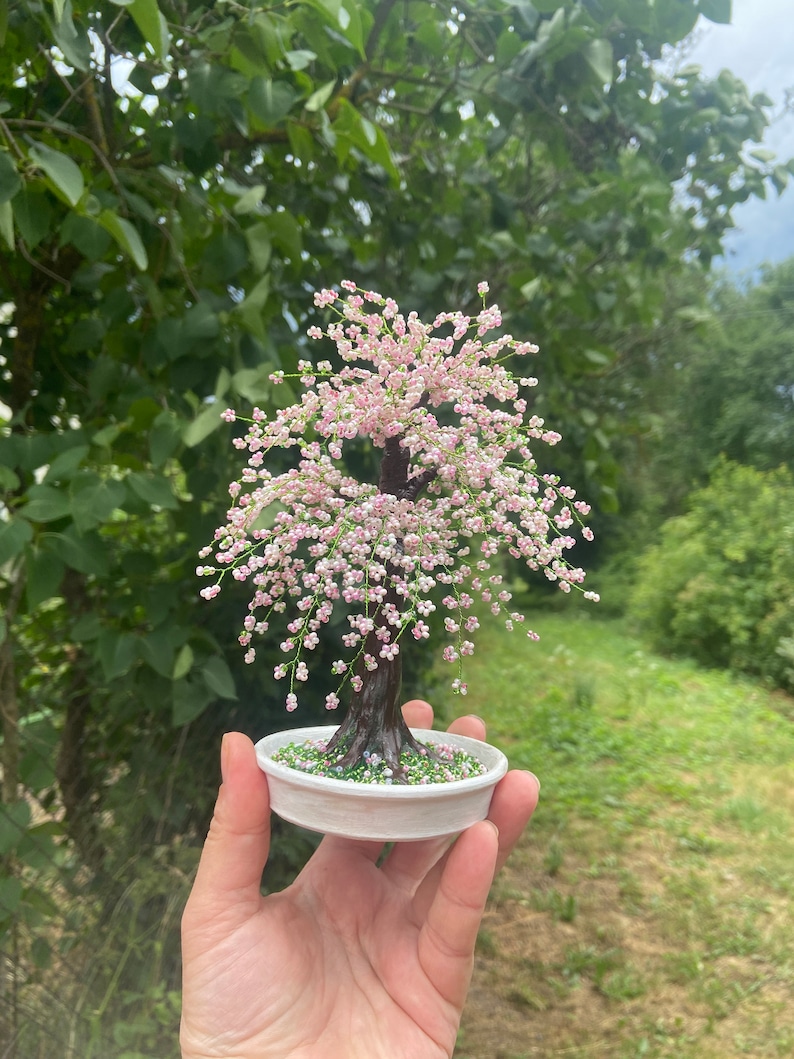 Handmade wire bonsai tree Cherry blossom bonsai tree live Sakura beaded tree Pink wire tree of life sculpture image 7