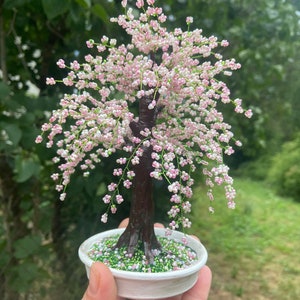 Handmade wire bonsai tree Cherry blossom bonsai tree live Sakura beaded tree Pink wire tree of life sculpture image 6