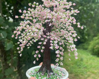 桜のハンドメイドワイヤー盆栽 約50cm 日本のビーズの木、桜の盆栽のビーズの木、ワイヤーで巻かれた木