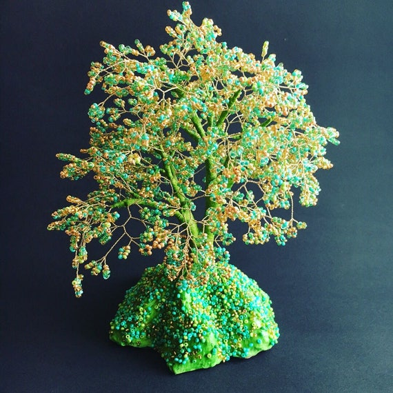 St Patrick day handmade decor Wire wrapped tree Beaded bonsai tree sculpture