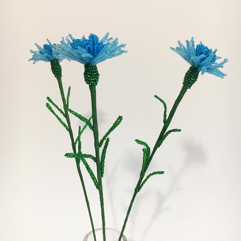 Cornflower blue French beaded flower Bouquet Set of 3